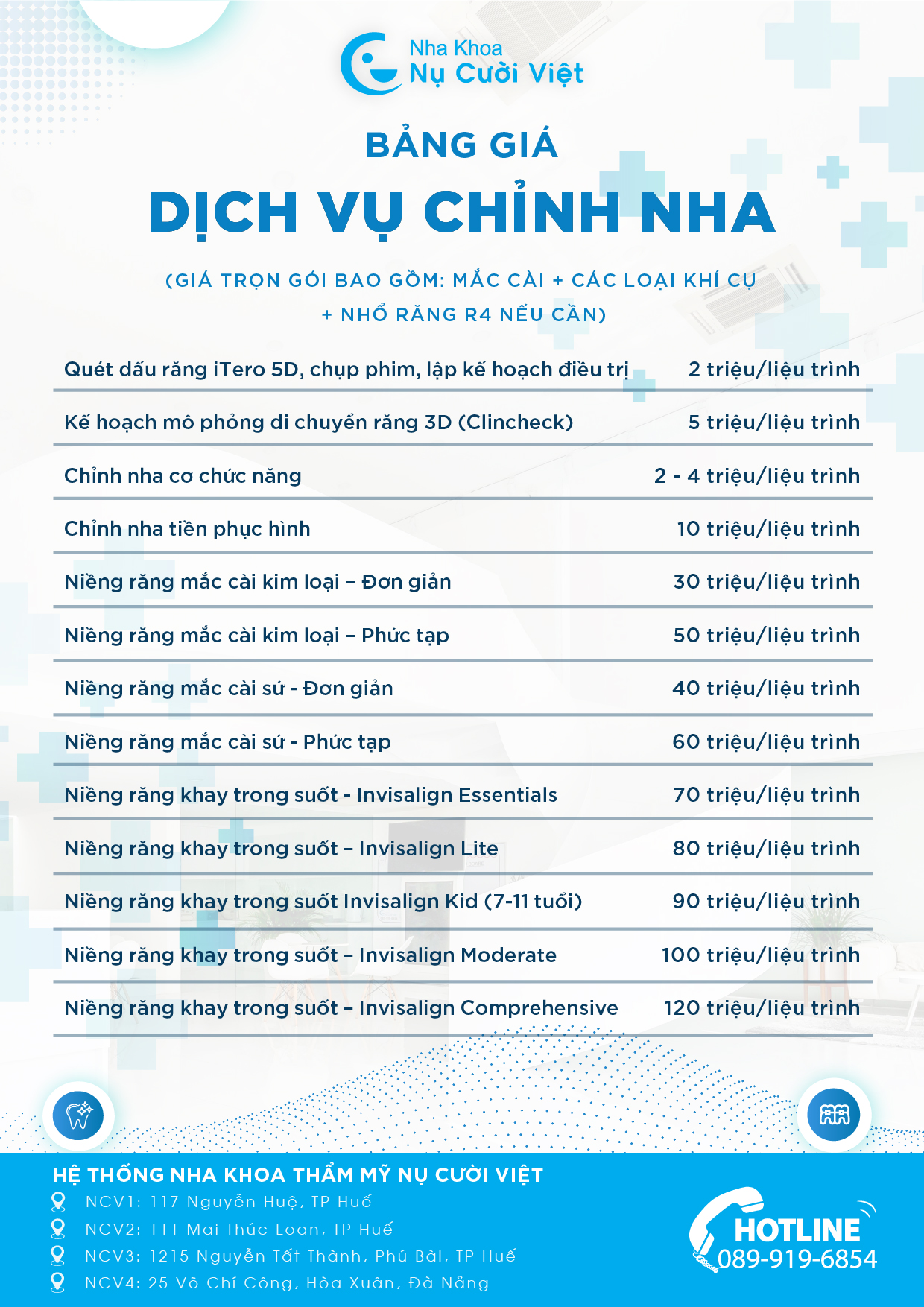 bảng giá dịch vụ chỉnh nha