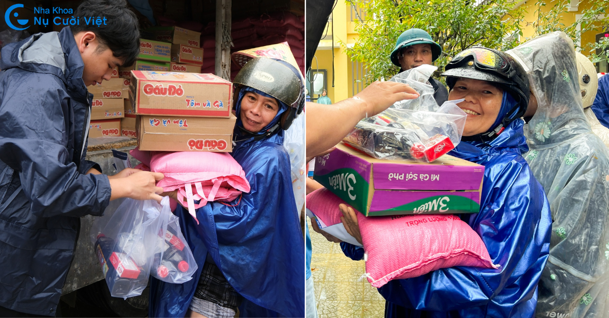 bà con hạnh phúc khi nhận quà cứu trợ lụt 2025